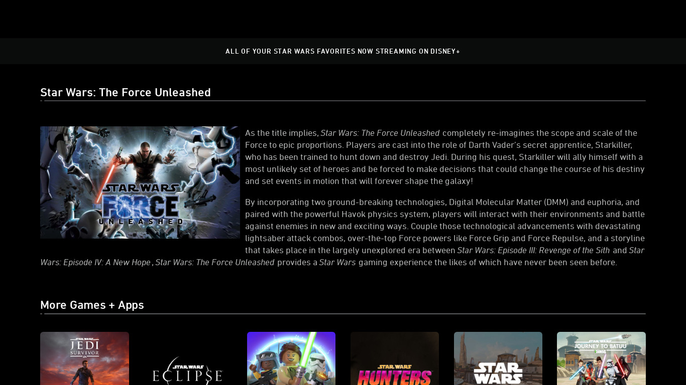 Star Wars The Force Unleashed Landing page