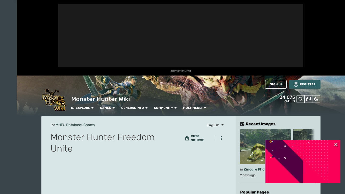 Monster Hunter Freedom Unite Landing page