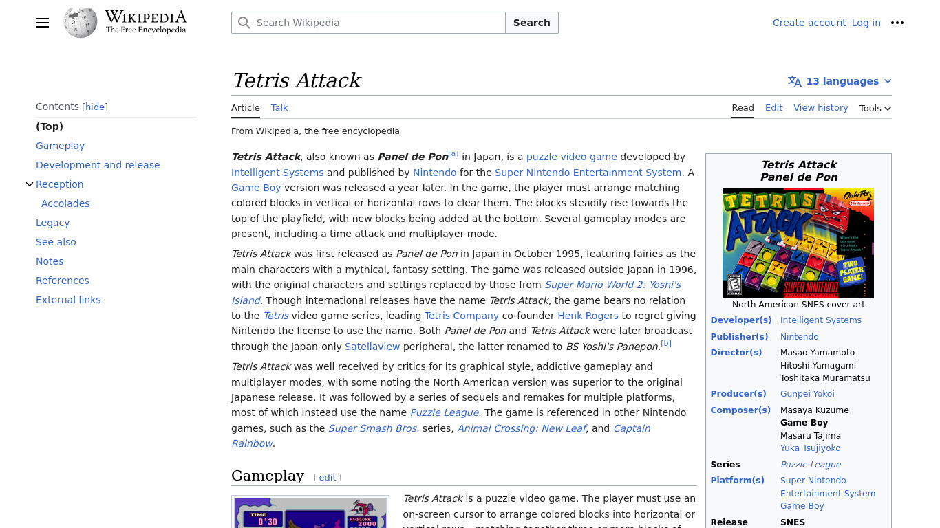 Tetris Attack Landing page