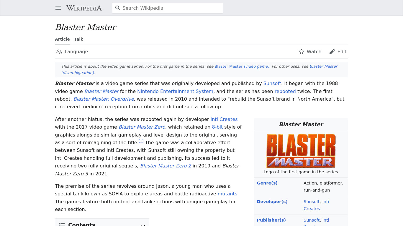 Blaster Master Landing page