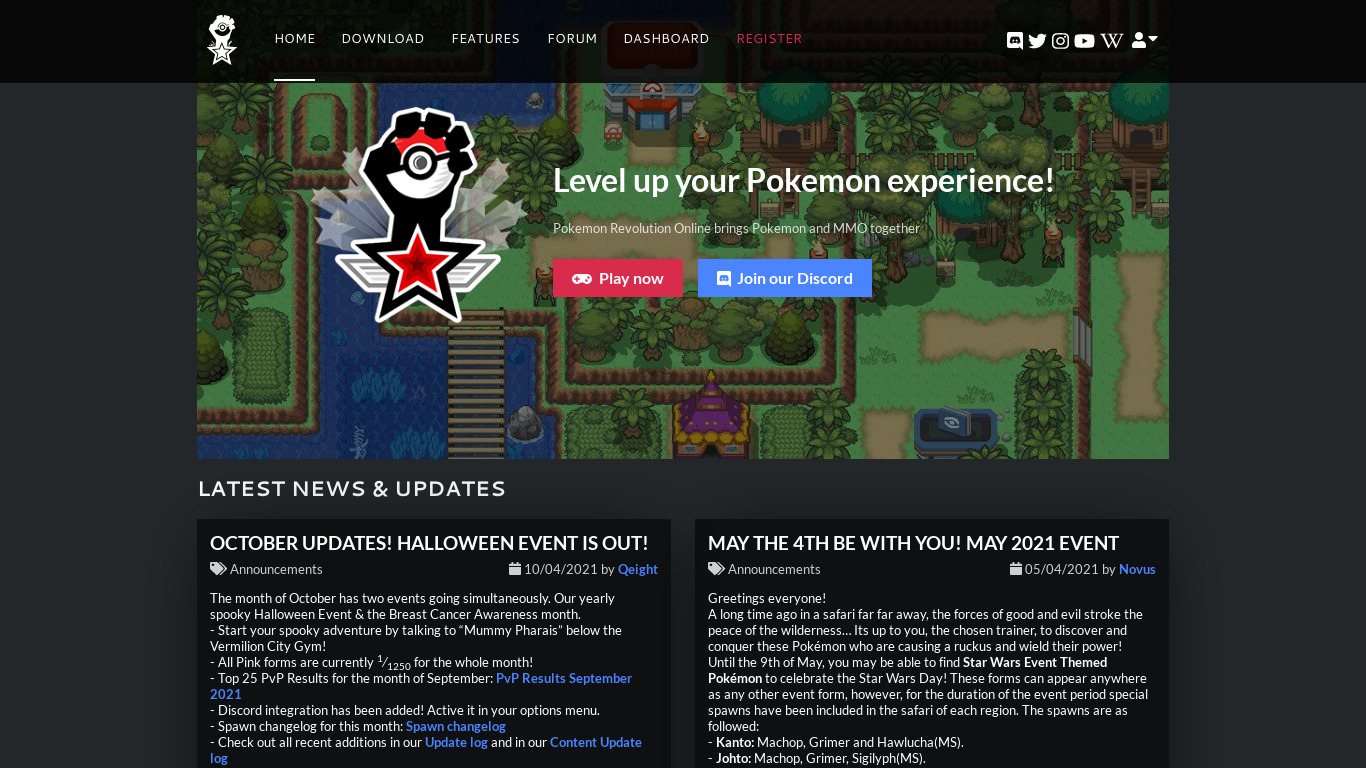 Pokemon Revolution Online Landing page
