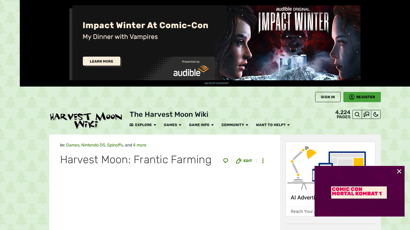 Harvest Moon: Frantic Farming Landing page