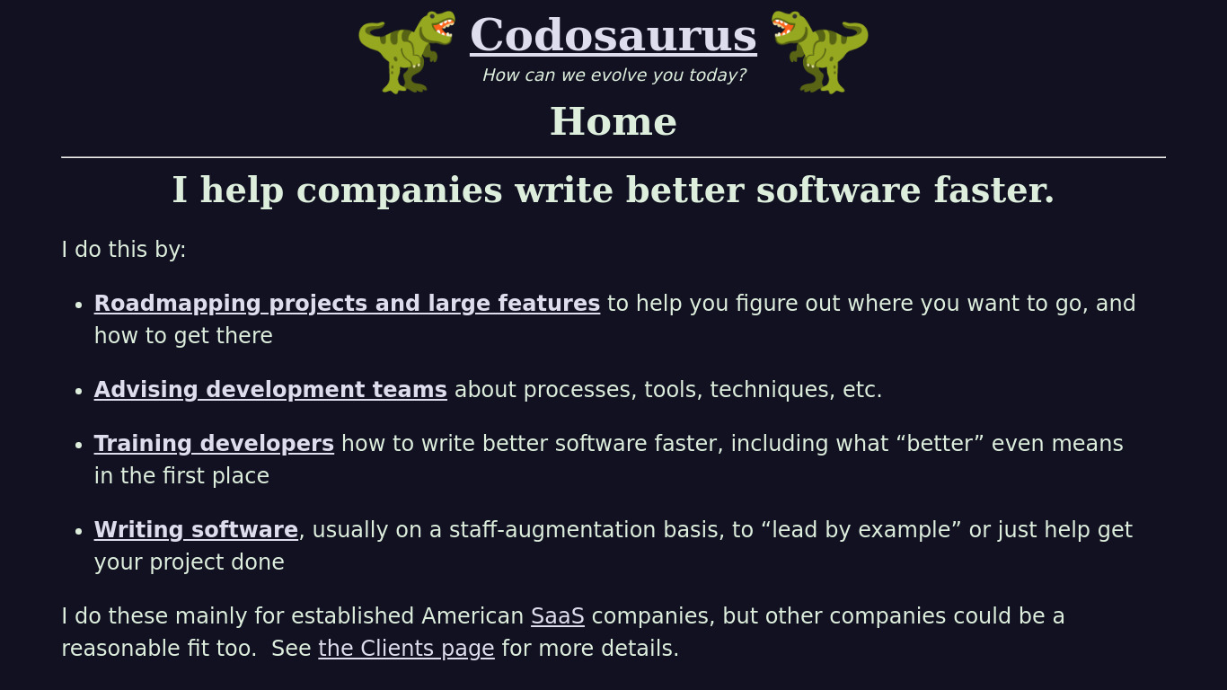 Codosaurus Landing page