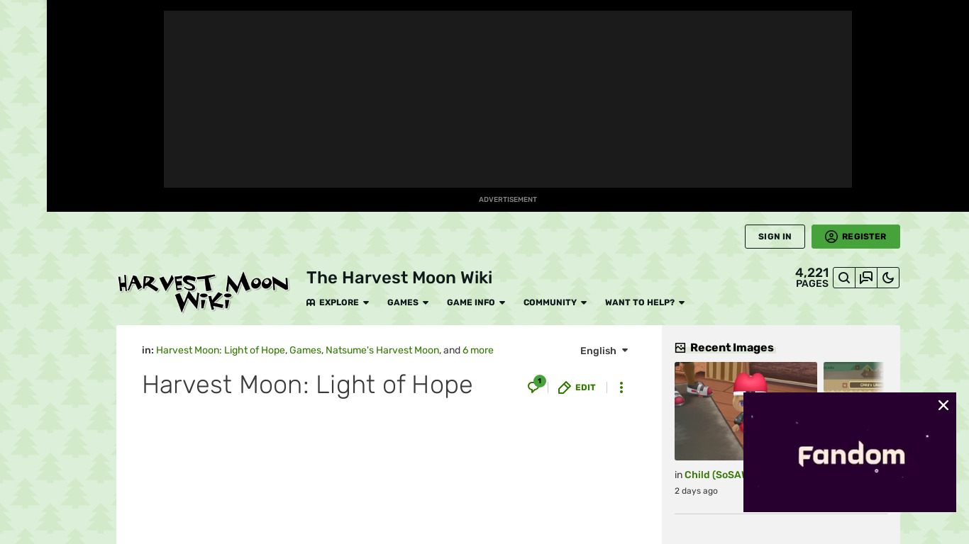 Harvest Moon: Light of Hope Landing page