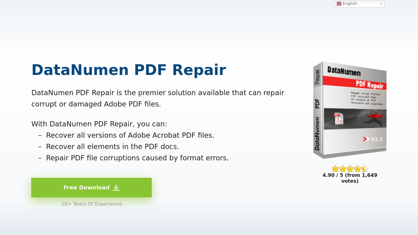 DataNumen PDF Repair Landing page