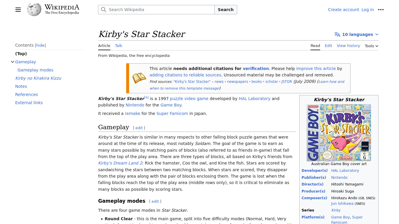 Kirby’s Star Stacker Landing page