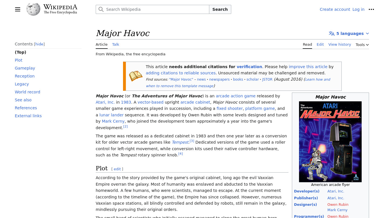 Major Havoc Landing page