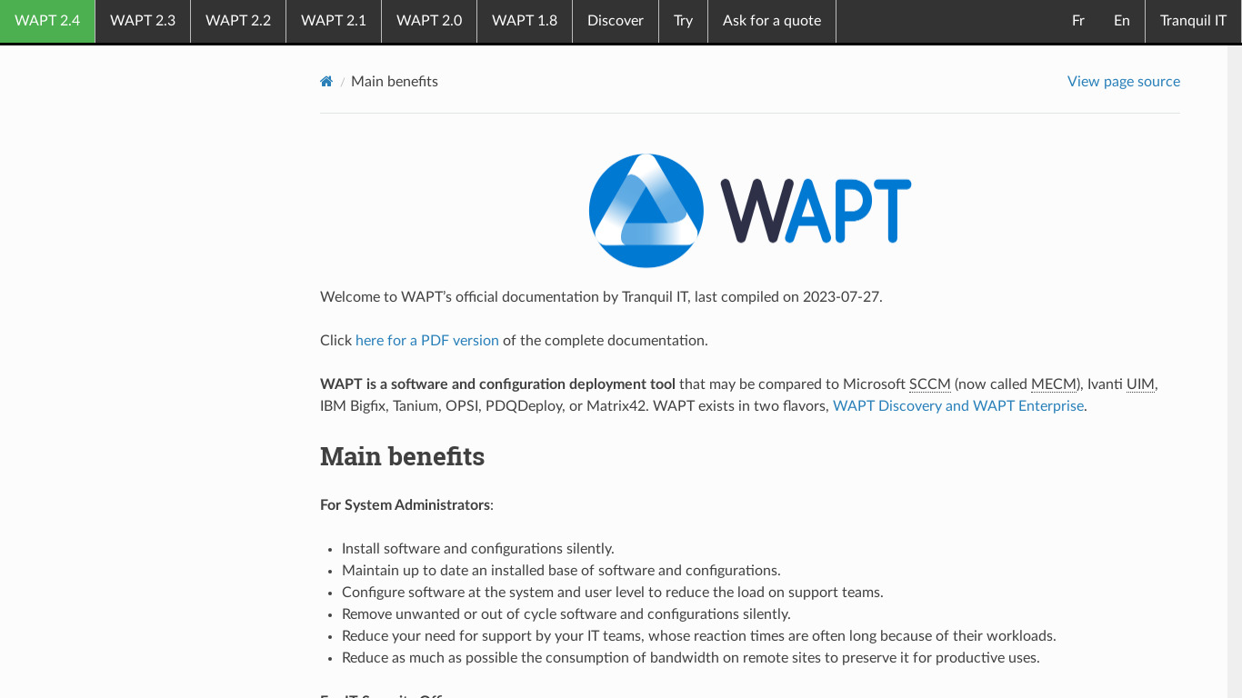 Wapt (enterprise) Landing page