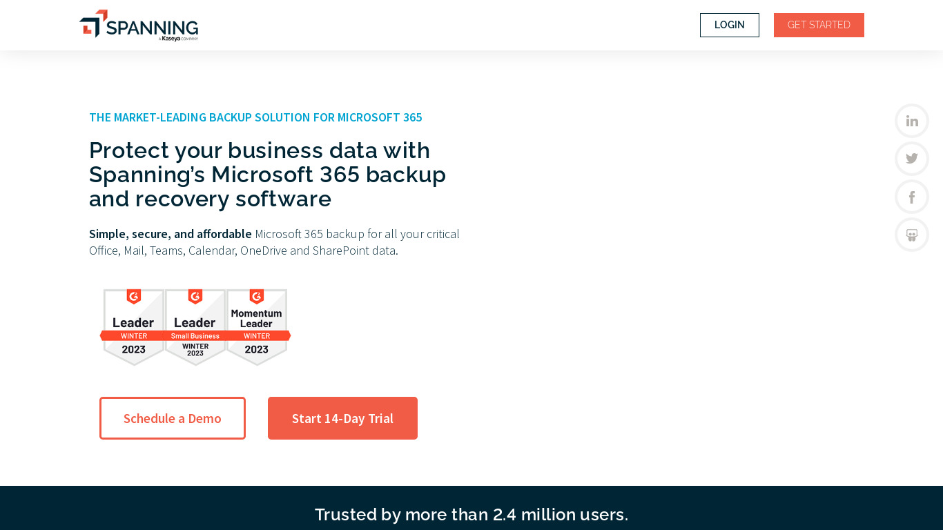 Spanning Backup for Office 365 Landing page