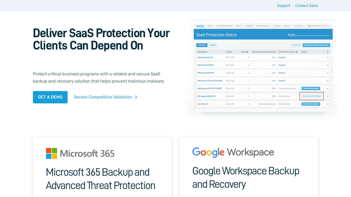 Datto SaaS Protection Landing page