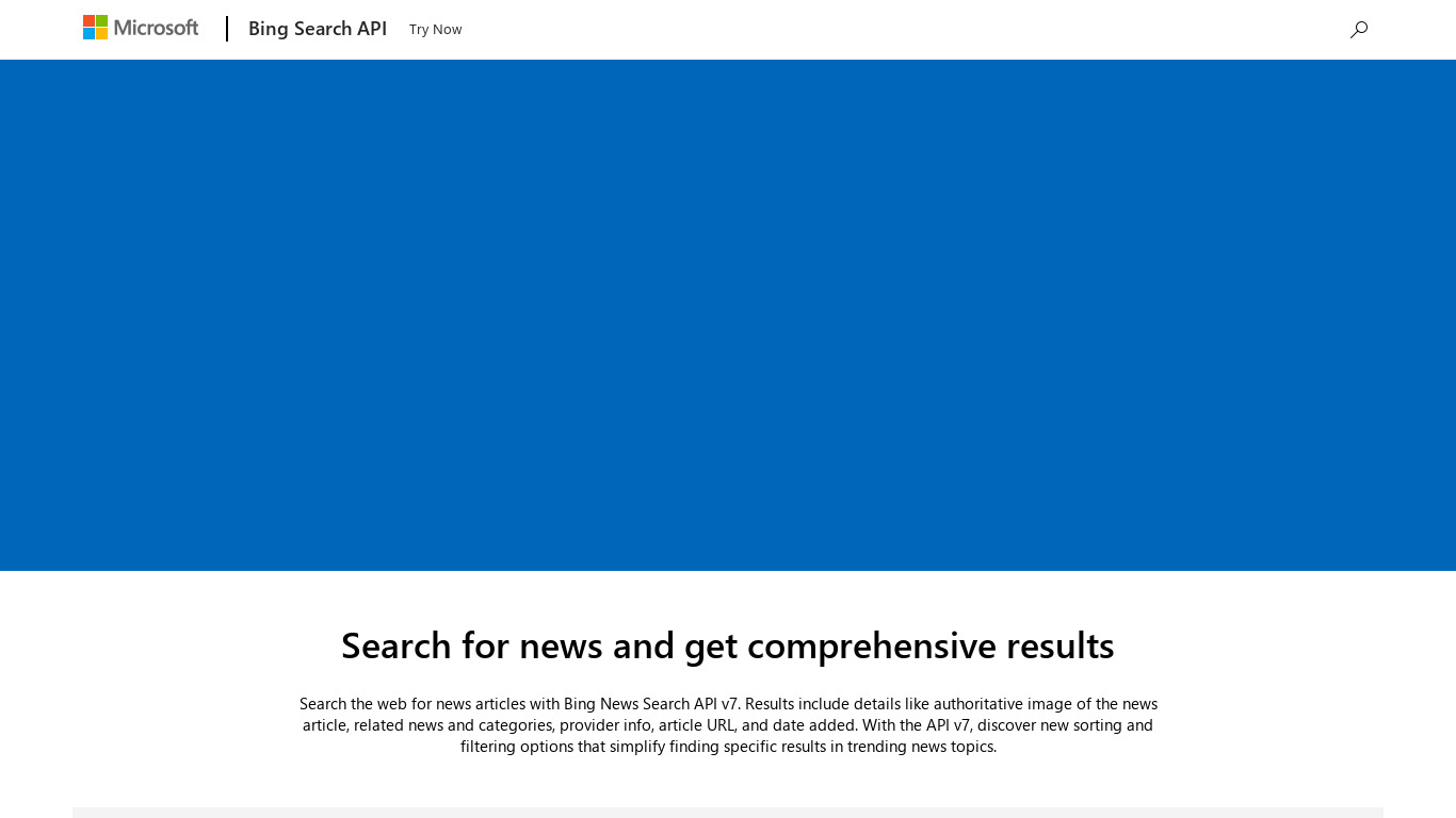 Microsoft Bing News Search API Landing page