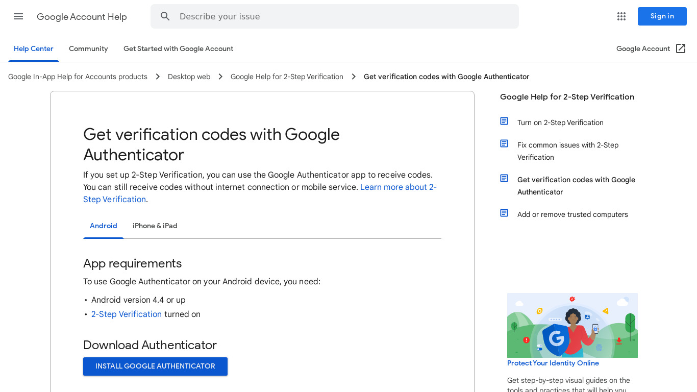 Google Authenticator Landing page