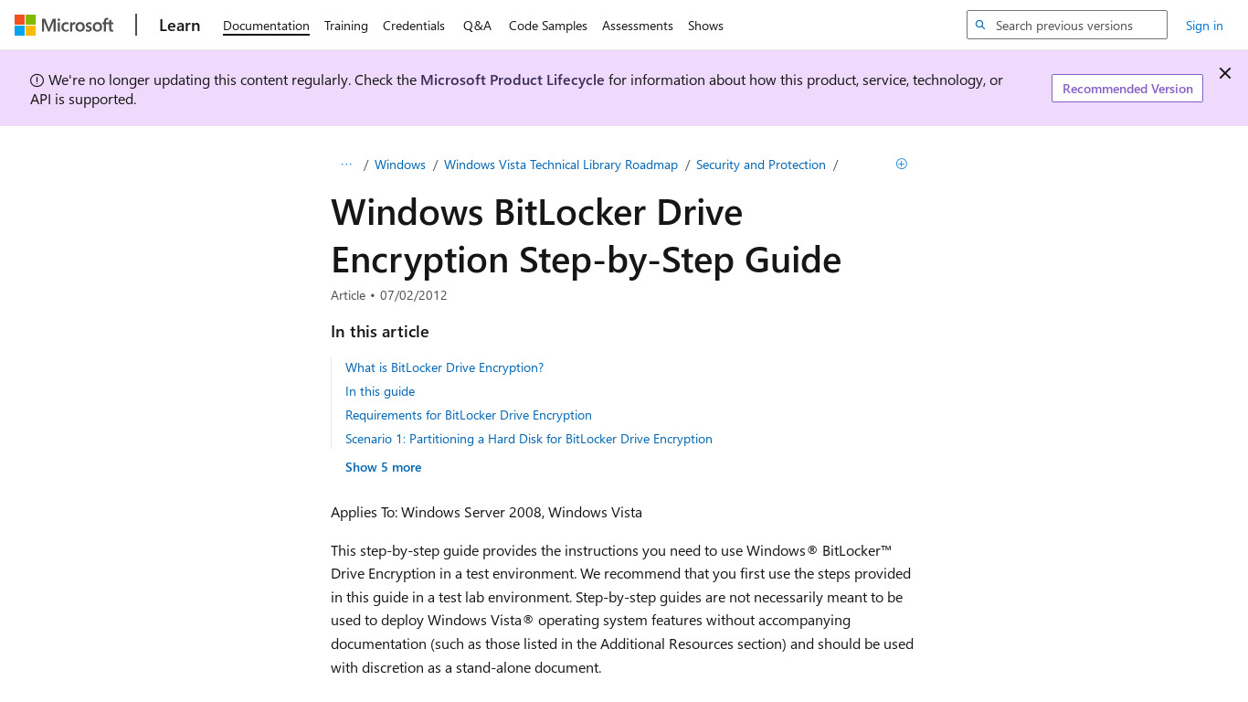 Microsoft BitLocker Landing page