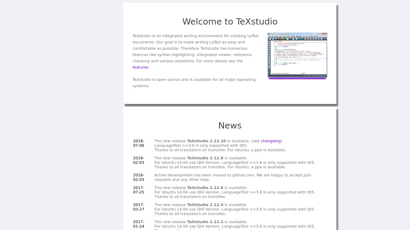 TeXstudio Landing page