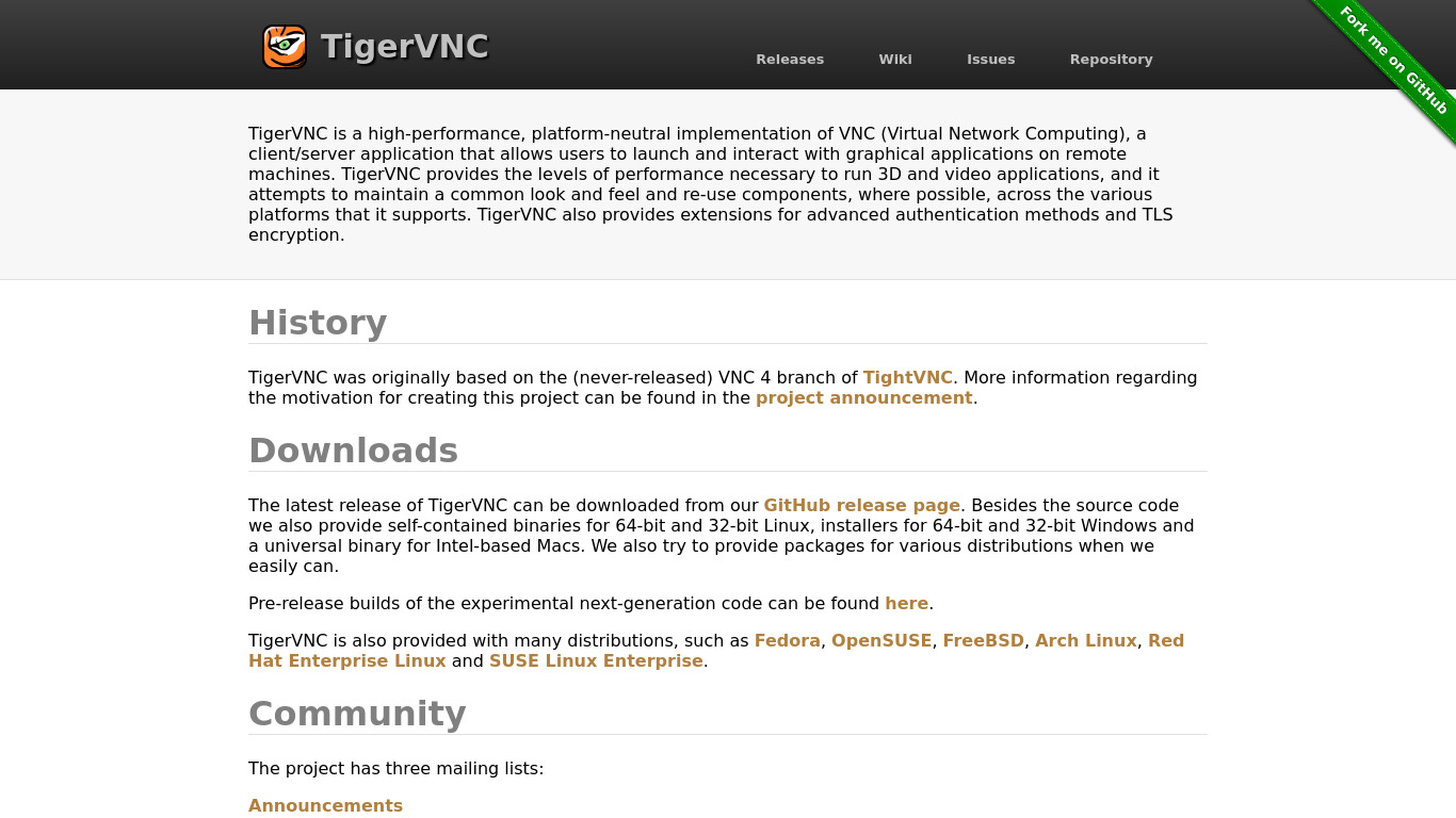 TigerVNC Landing page