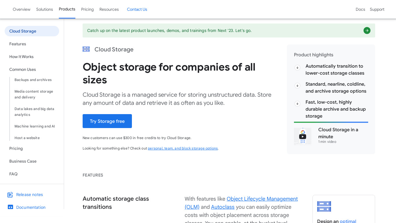 Google Cloud Storage Landing page