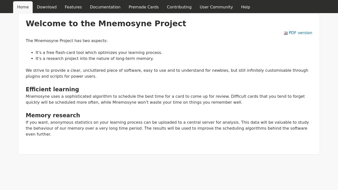 The Mnemosyne Project Landing page