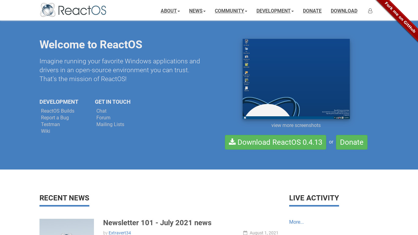 ReactOS Landing page