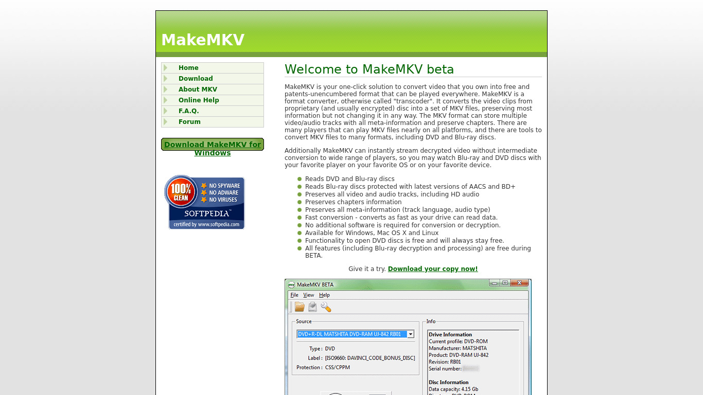 MakeMKV Landing page