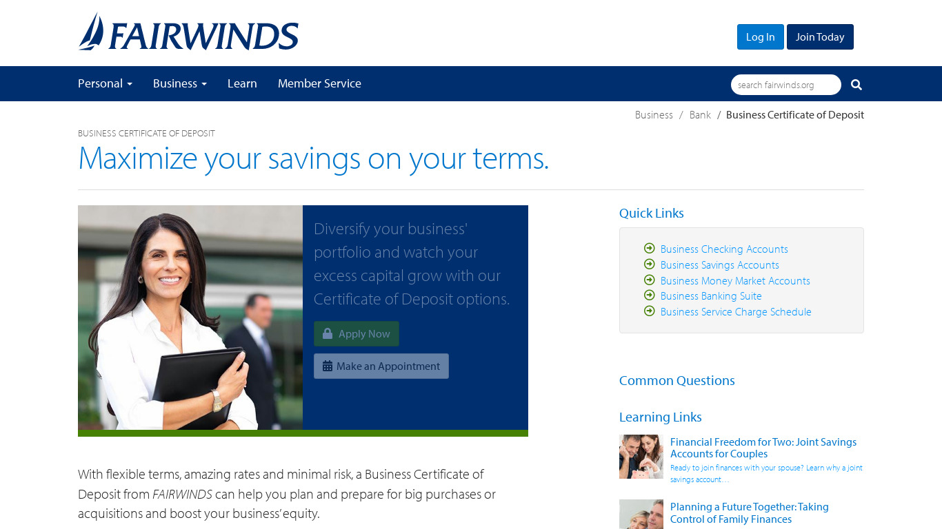 FAIRWINDS Business Deposit Landing page