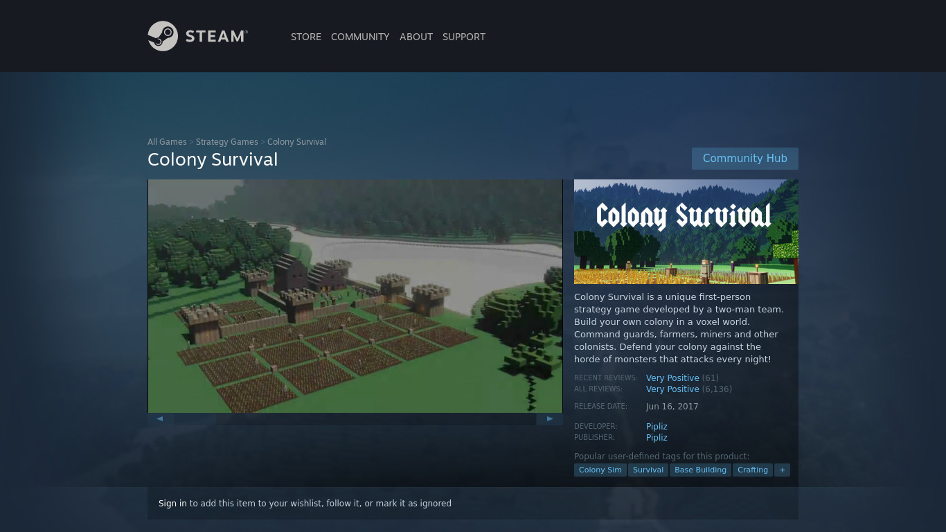 Colony Survival Landing page