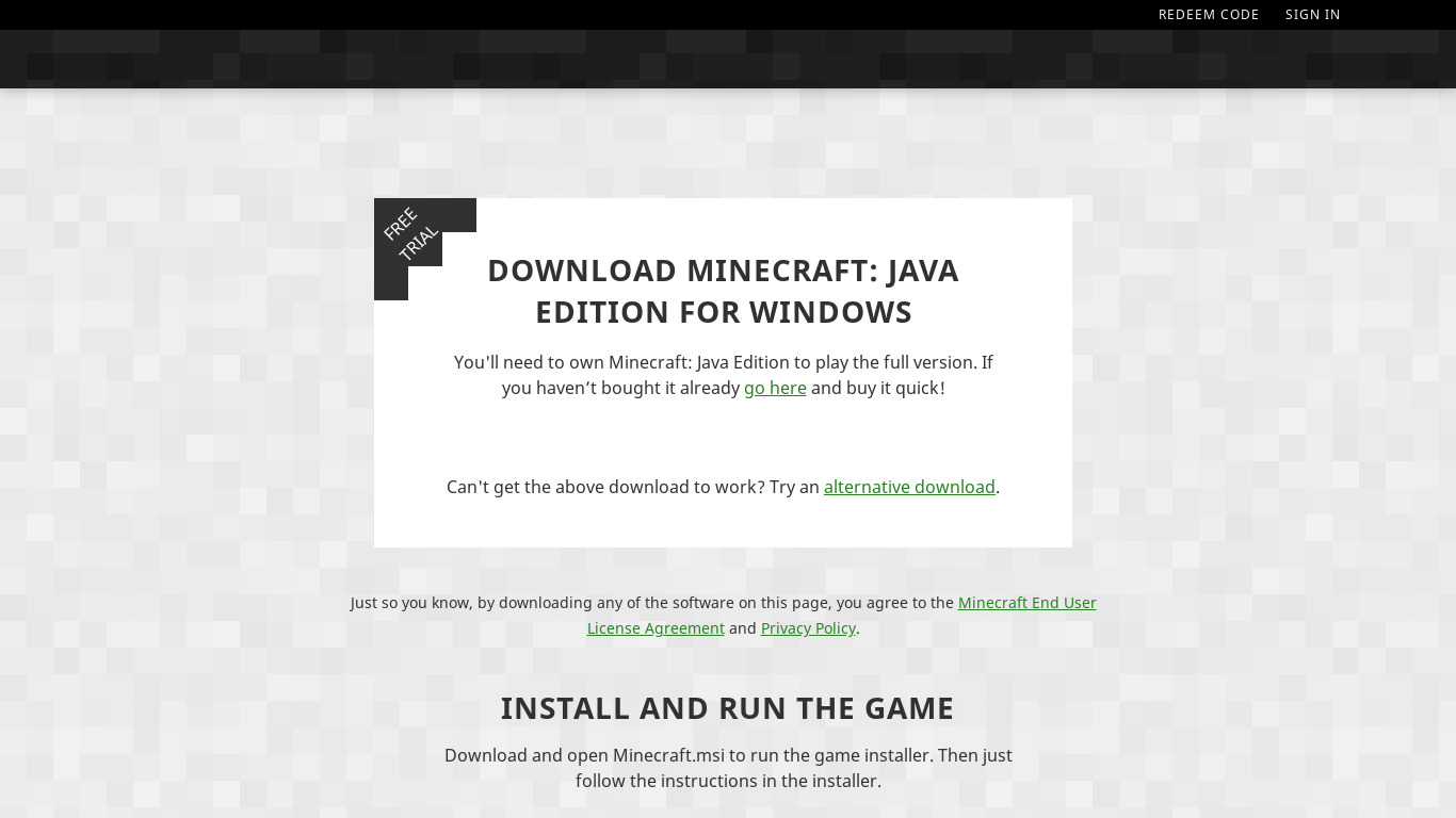 Minecraft Launcher Landing page