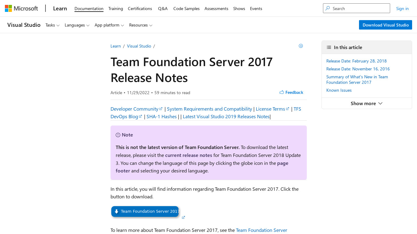 Team Foundation Server Landing page