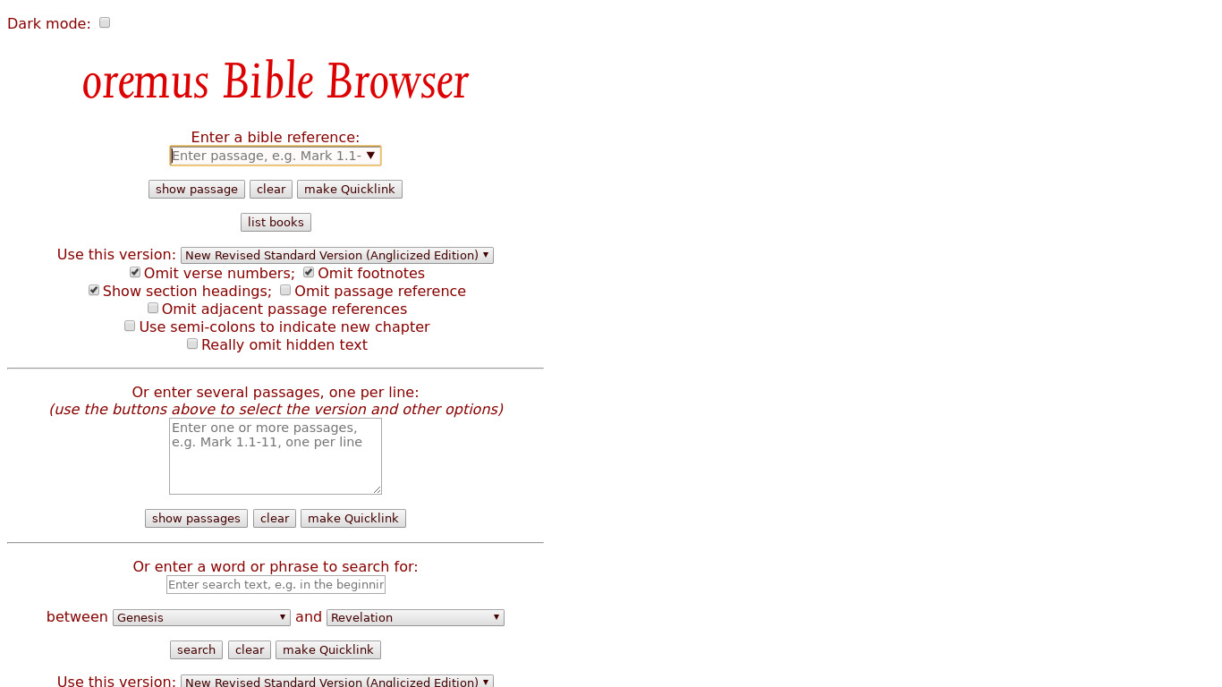 Oremus Bible Browser Landing page