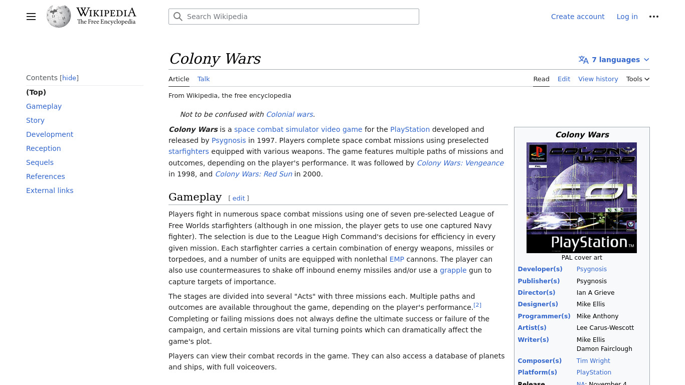 Colony Wars Landing page