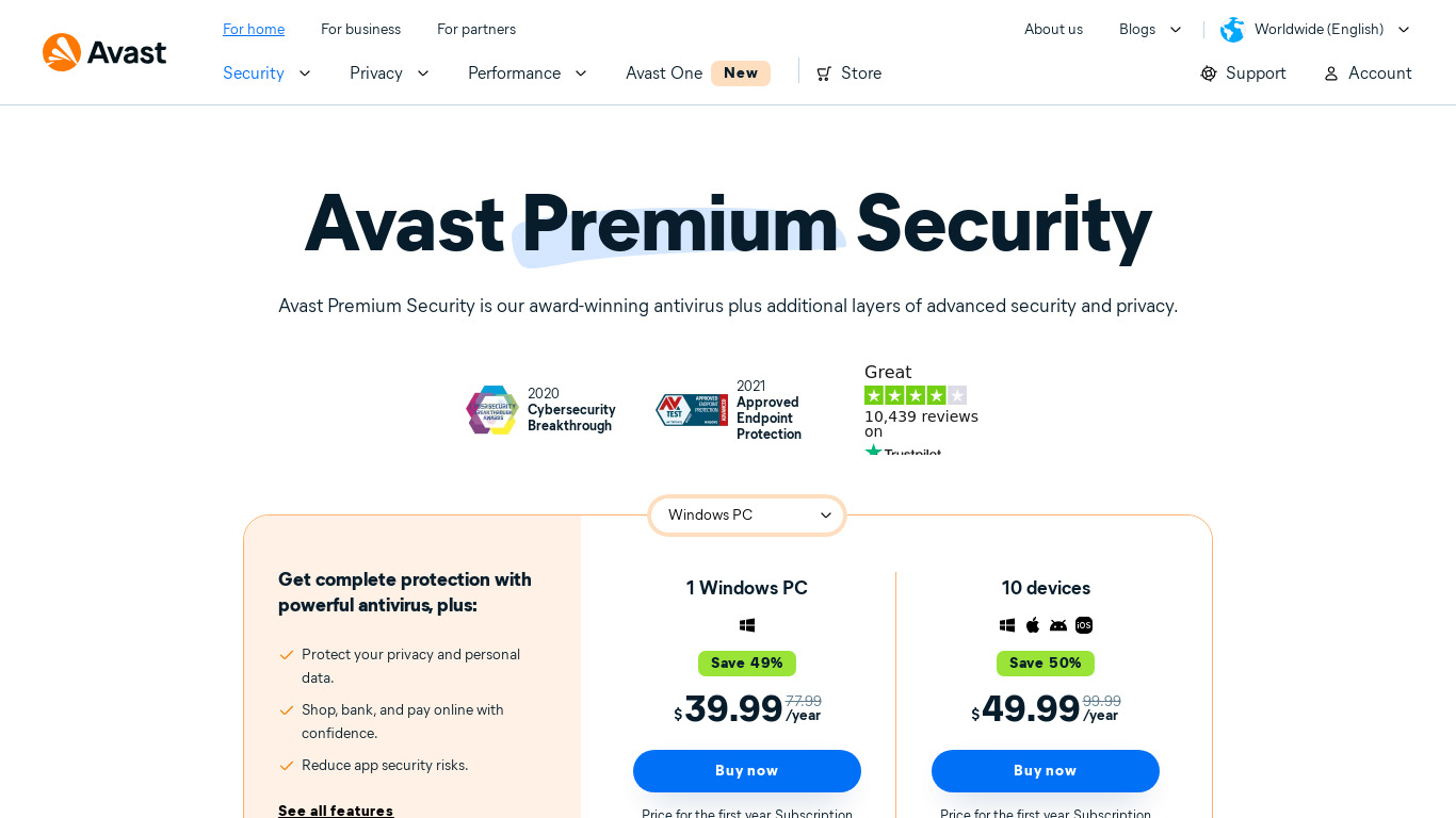 Avast! Internet Security Landing page