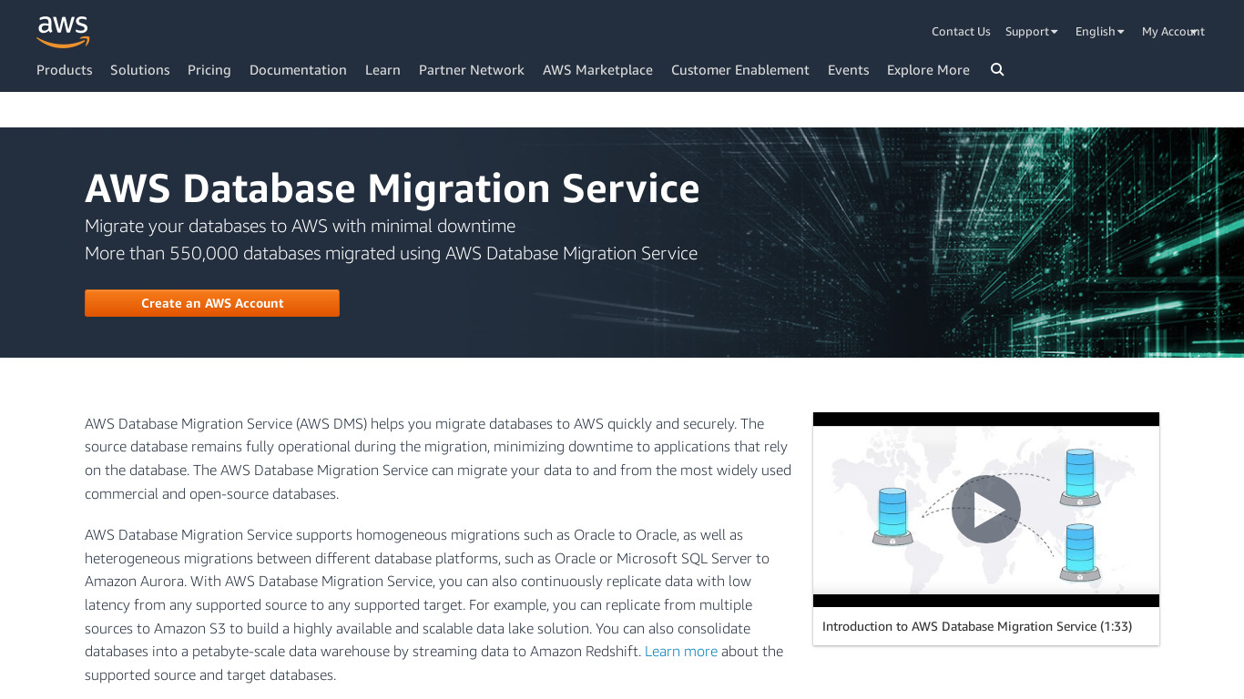 AWS Database Migration Service Landing page