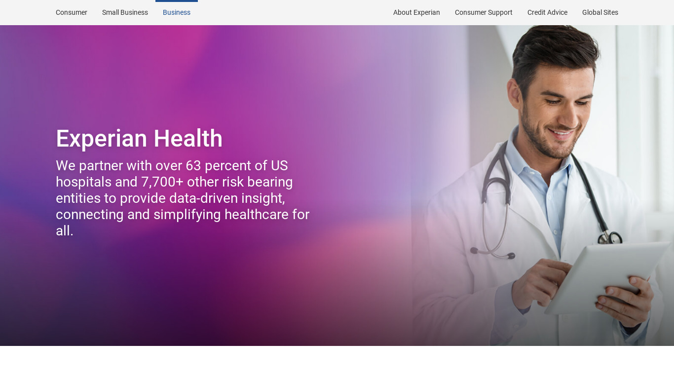 Experian Healthcare Landing page