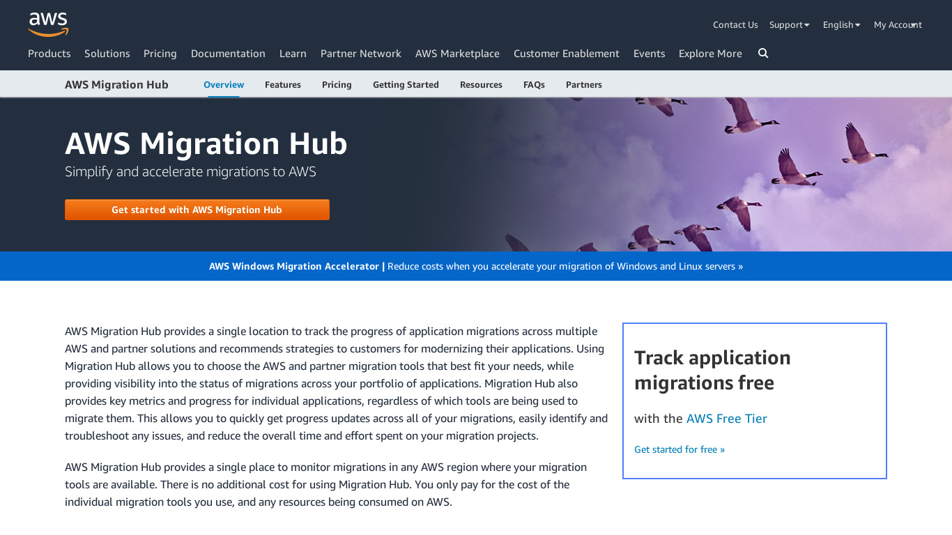 AWS Migration Hub Landing page