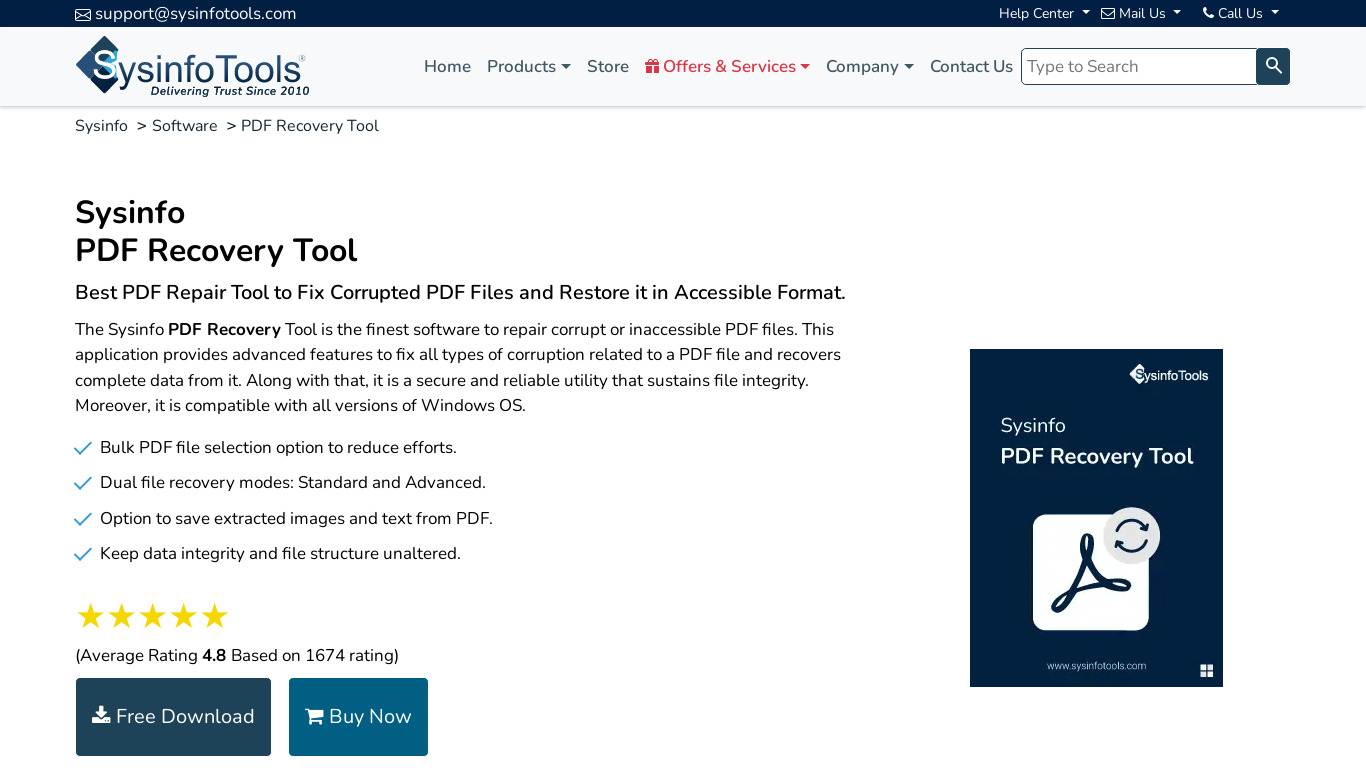 SysInfo PDF Recovery Software Landing page