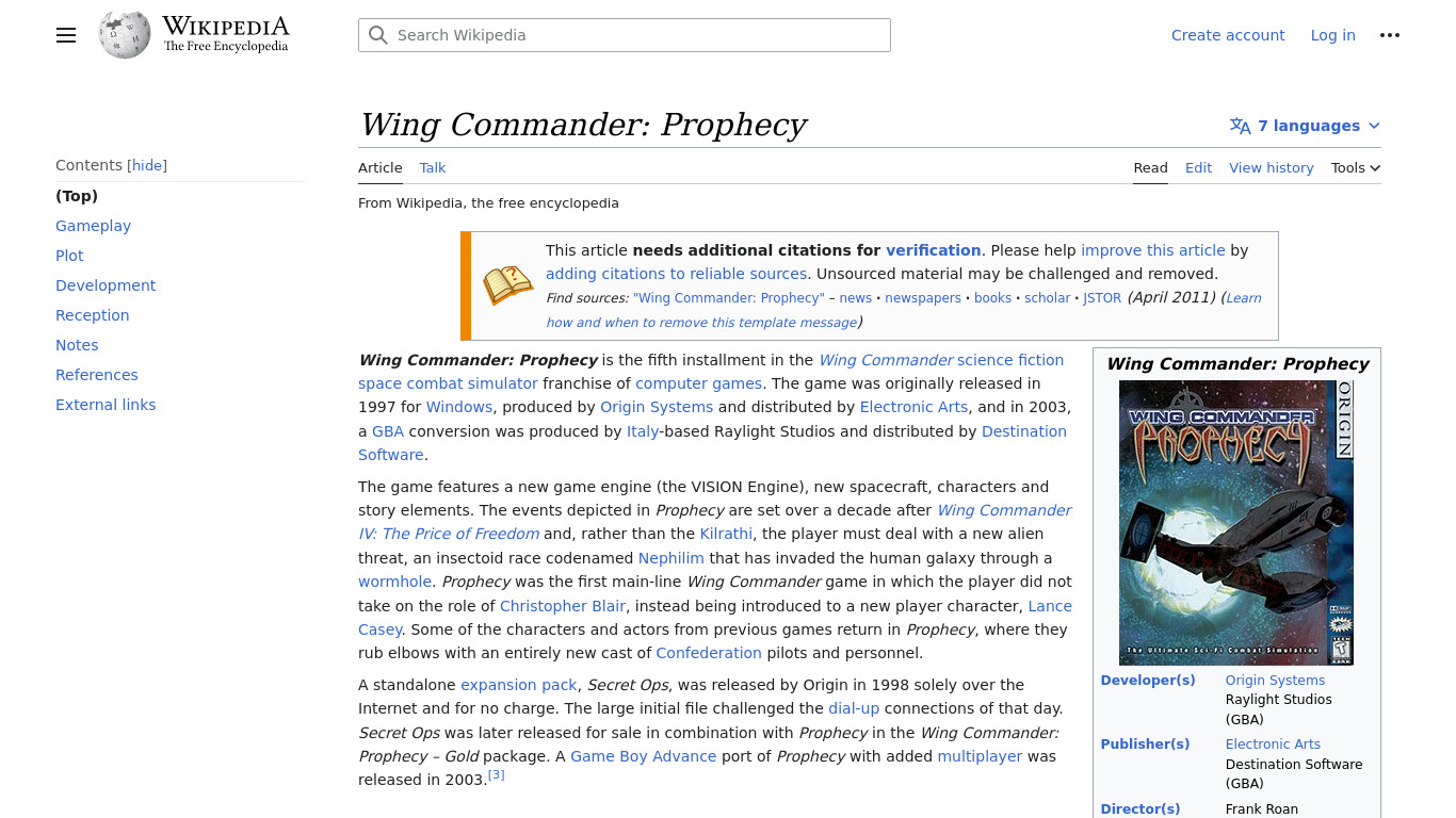 Wing Commander: Prophecy Landing page