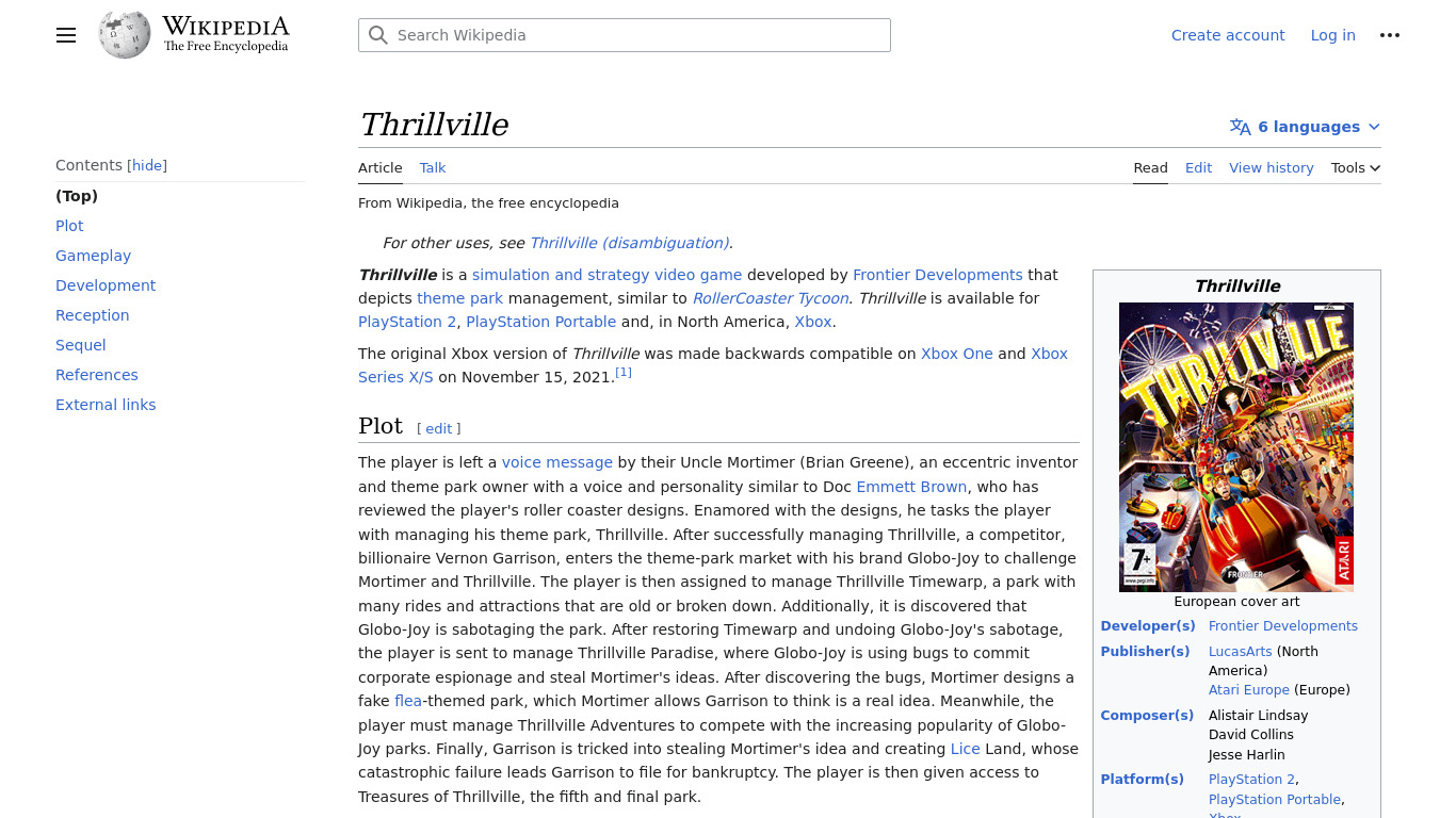 Thrillville Landing page