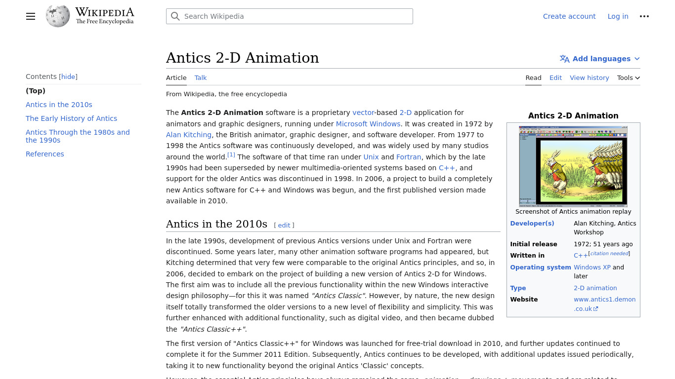 Antics 2-D Animation Landing page