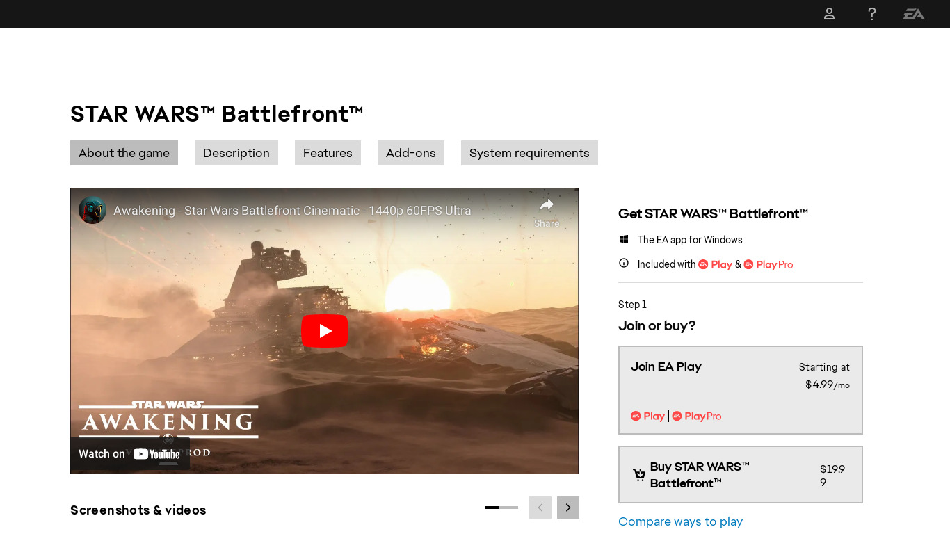 Star Wars: Battlefront Landing page
