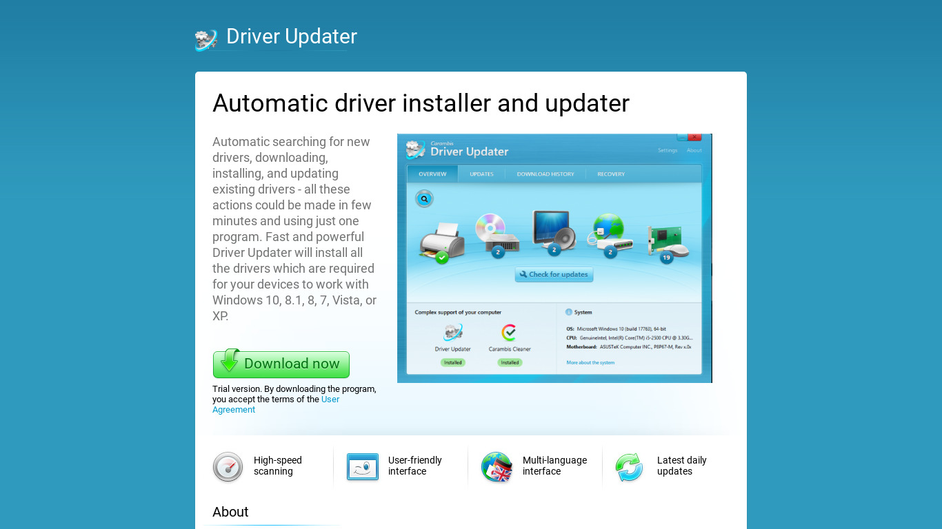 Carambis Driver Updater Landing page
