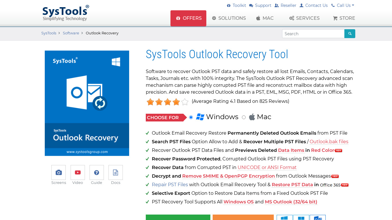 SysTools Outlook Recovery Landing page