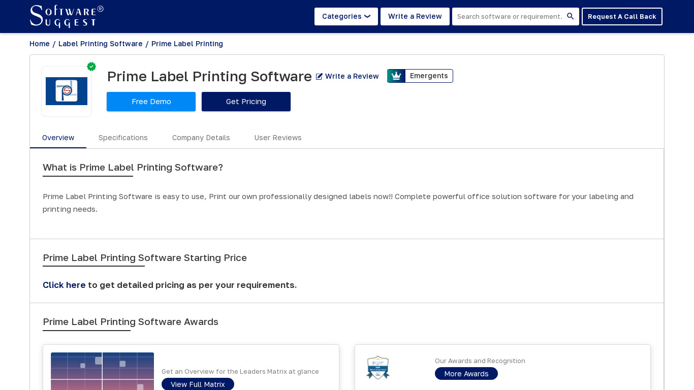 Prime Label Printing Software Landing page