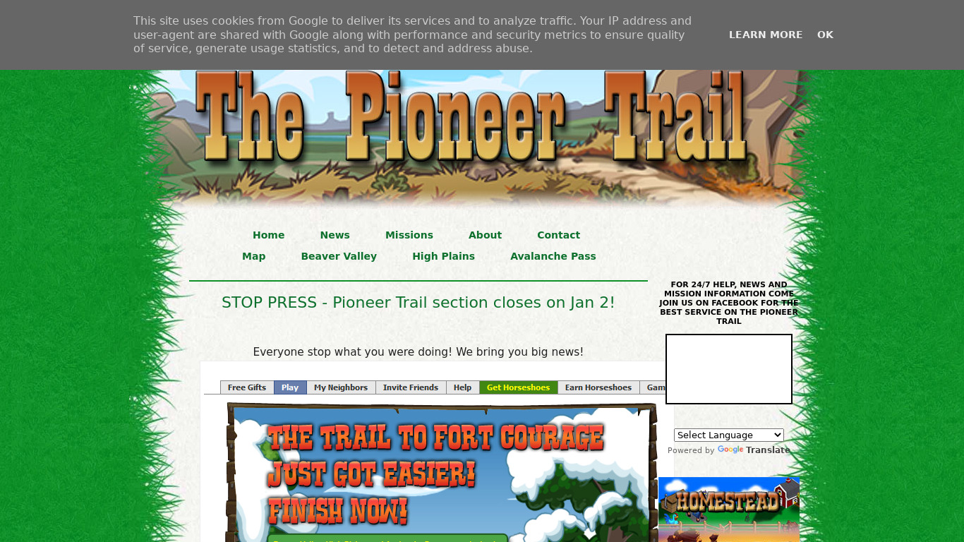 The Pioneer Trail Landing page