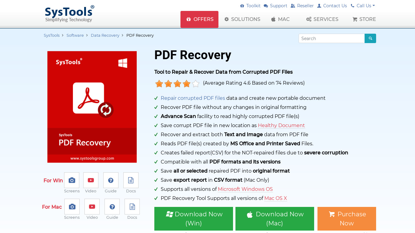 SysTools PDF Recovery Landing page