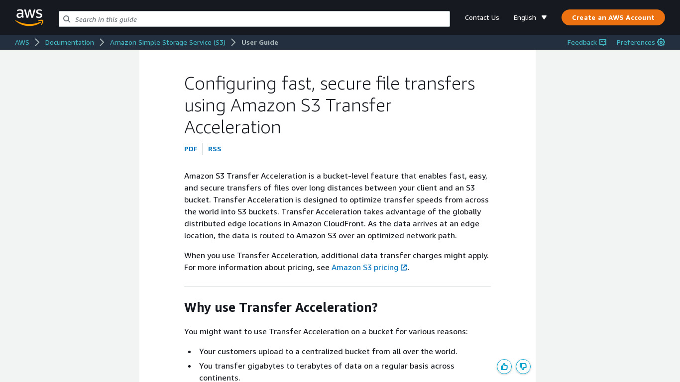 Amazon S3 Transfer Acceleration Landing page