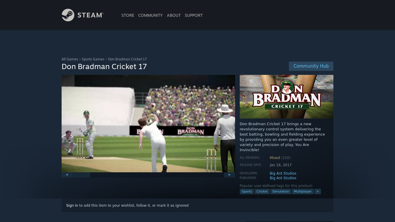 Don Bradman Cricket 17 Landing page