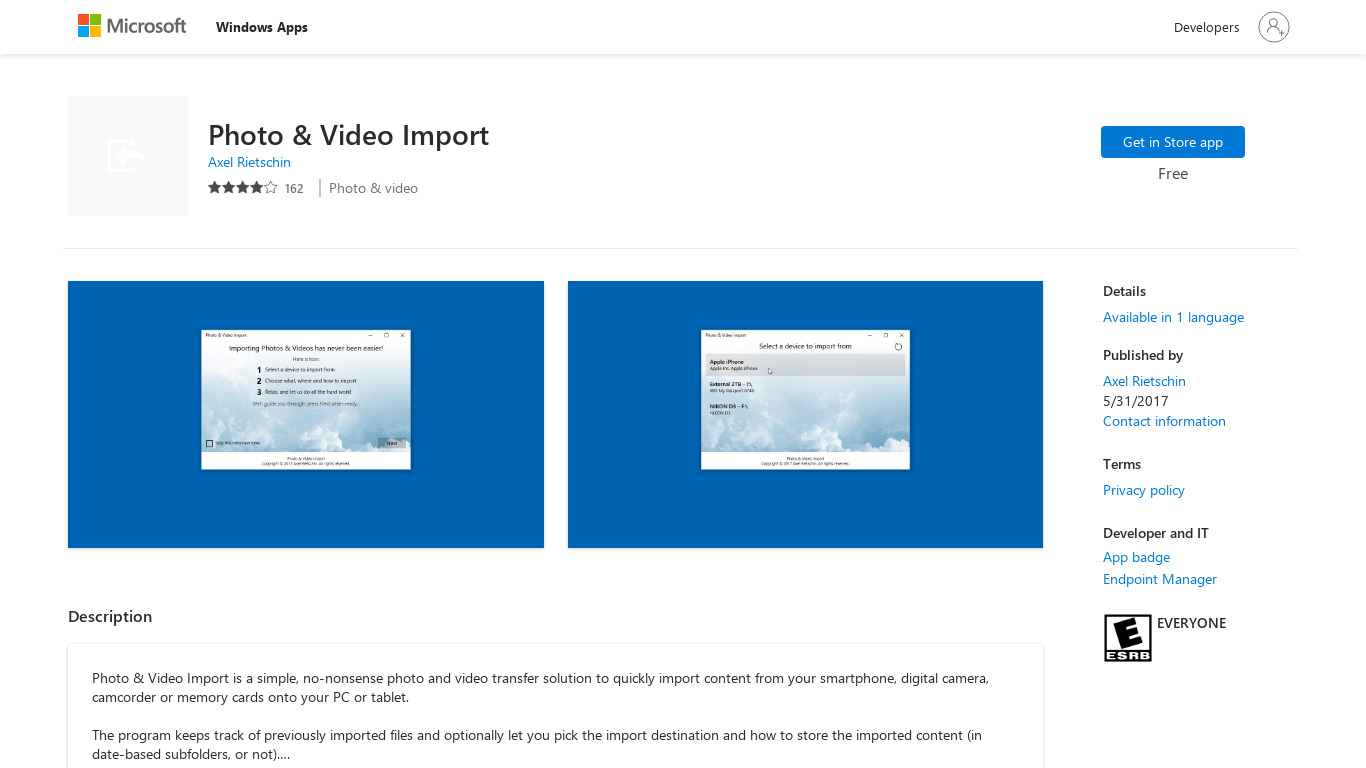 Photo & Video Import Landing page