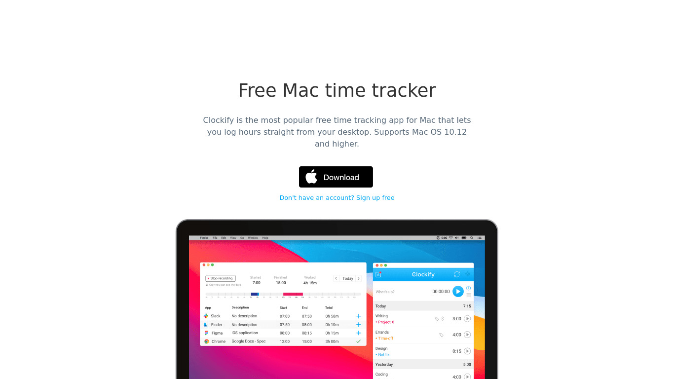 Clockify for Mac Landing page