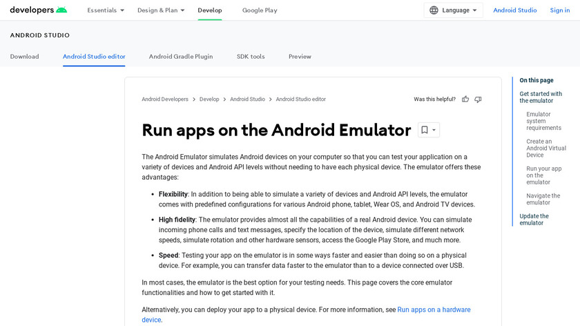 Android Studio Emulator Landing Page
