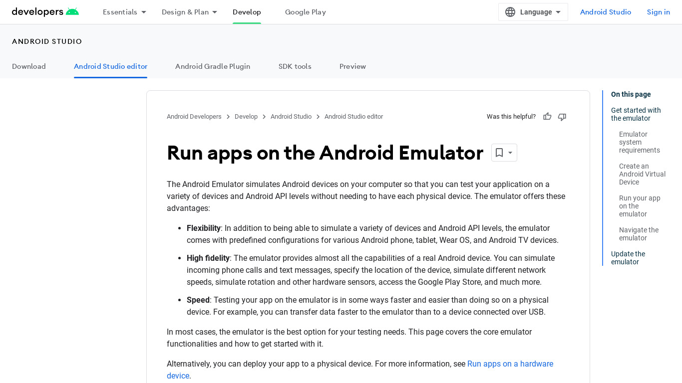 Android Studio Emulator Landing page