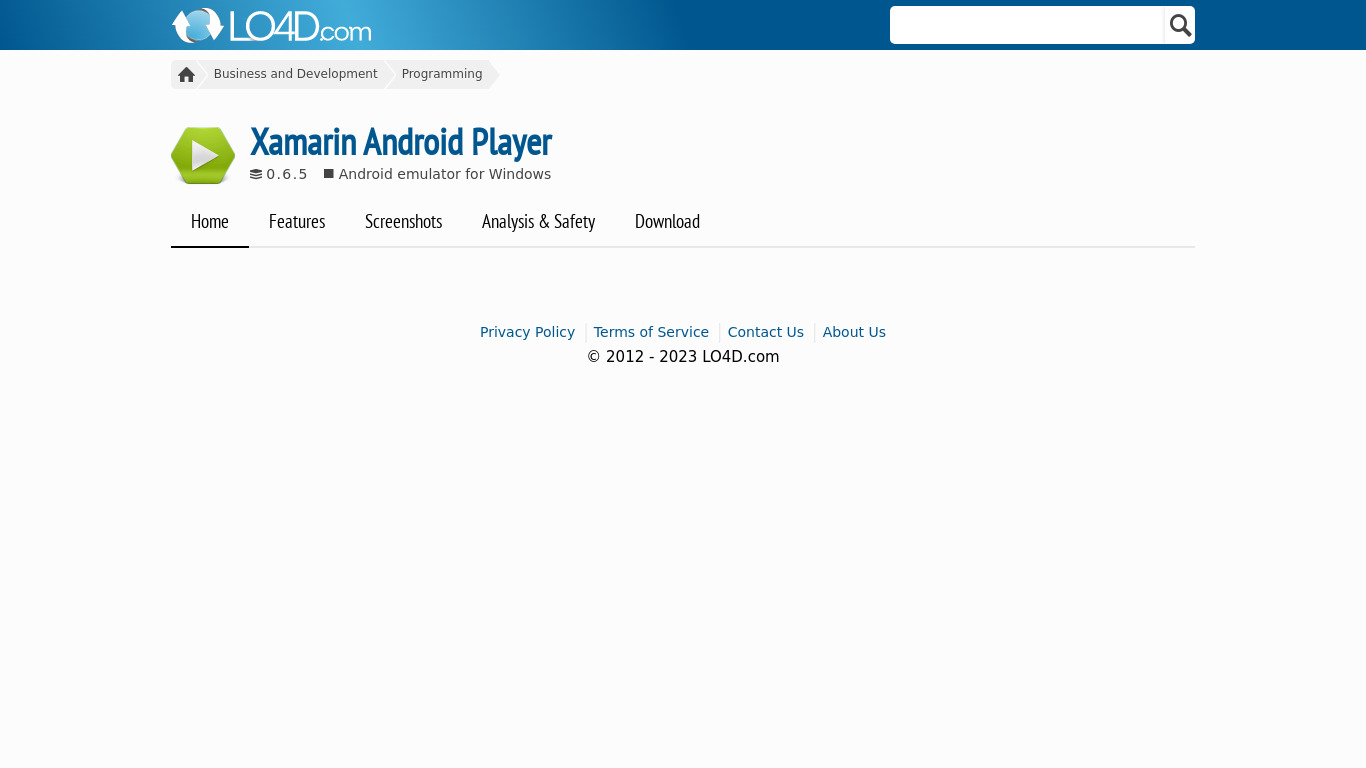 Xamarin Android Player Landing page